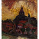 Ronald Weldon (1925-1994) The Church at Bourg signed and titled (to label on the reverse) oil on