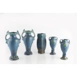 Art Nouveau Five Austrian vases, early 20th Century blue glaze impressed marks 29cm high (5).