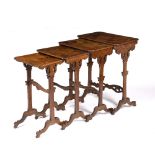 Emile Gallé (1846-1904) Nest of four tables marquetry, inlaid in various woods depicting birds and