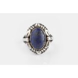 Georg Jensen Lapis lazuli single stone ring foliate and bead accents maker's mark for 1933-44
