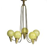 Modern School Six-branch chandelier with globe glass shades.