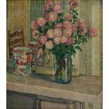 Mary Godwin (1887-1960) Pink flowers in a glass vase oil on canvas 45 x 40cm.
