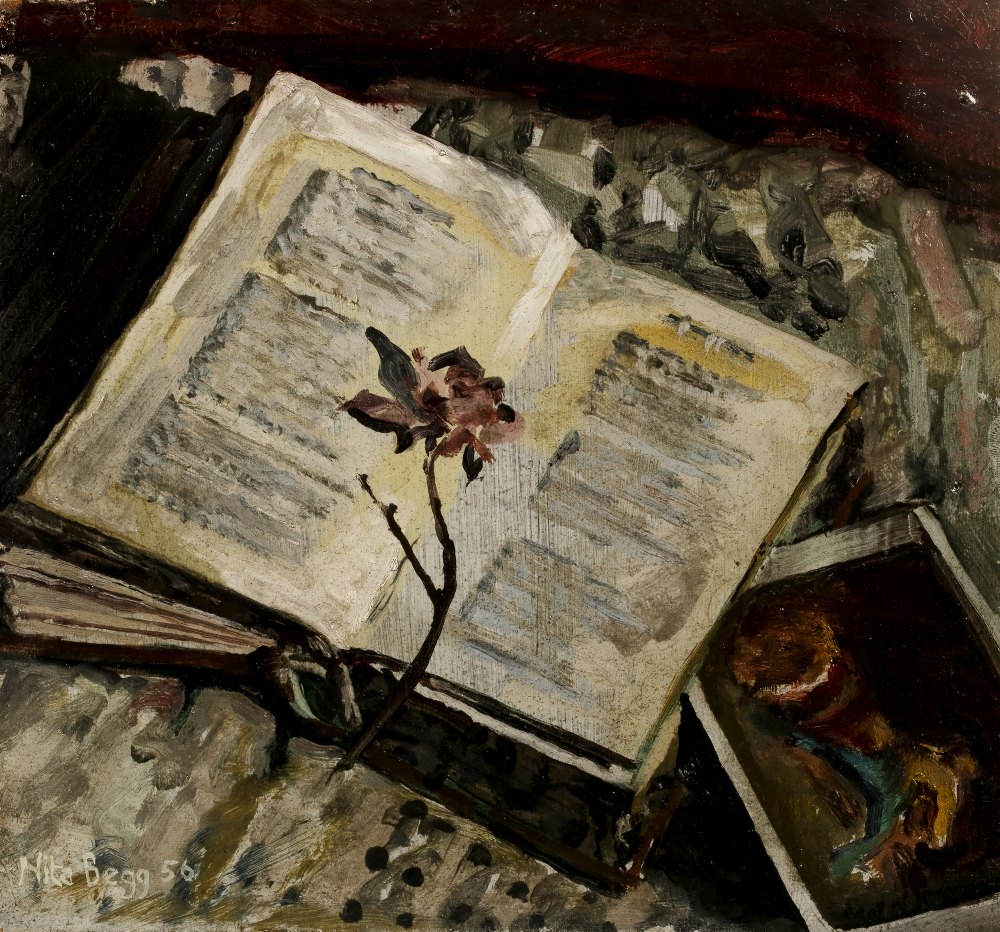 Nita Begg (1920-2011) Open book with flower , 1956 signed and dated (lower left) oil on board 21 x