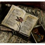 Nita Begg (1920-2011) Open book with flower , 1956 signed and dated (lower left) oil on board 21 x
