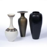 Bridget Drakeford (b.1946) Three vases in green, white, and dark glazes each signed tallest 25cm