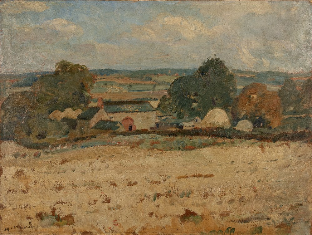 20th Century Impressionist School Farmhouse and fields indistinctly signed (lower left) oil on