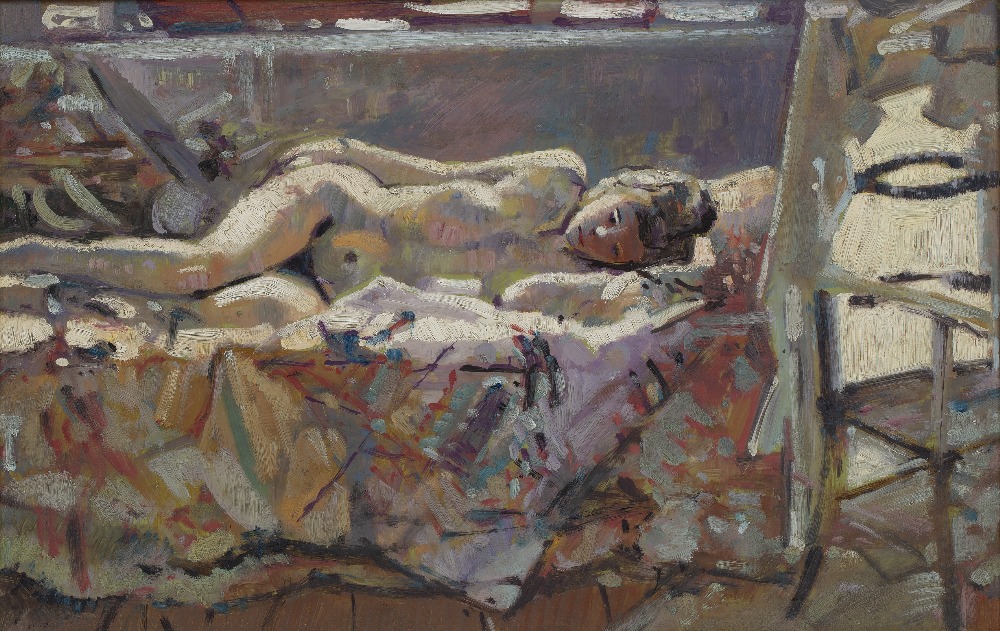 Ken Howard (b.1932) Charlotte and Silk Shirt oil on board 23 x 36cm. Provenance: With hand-written