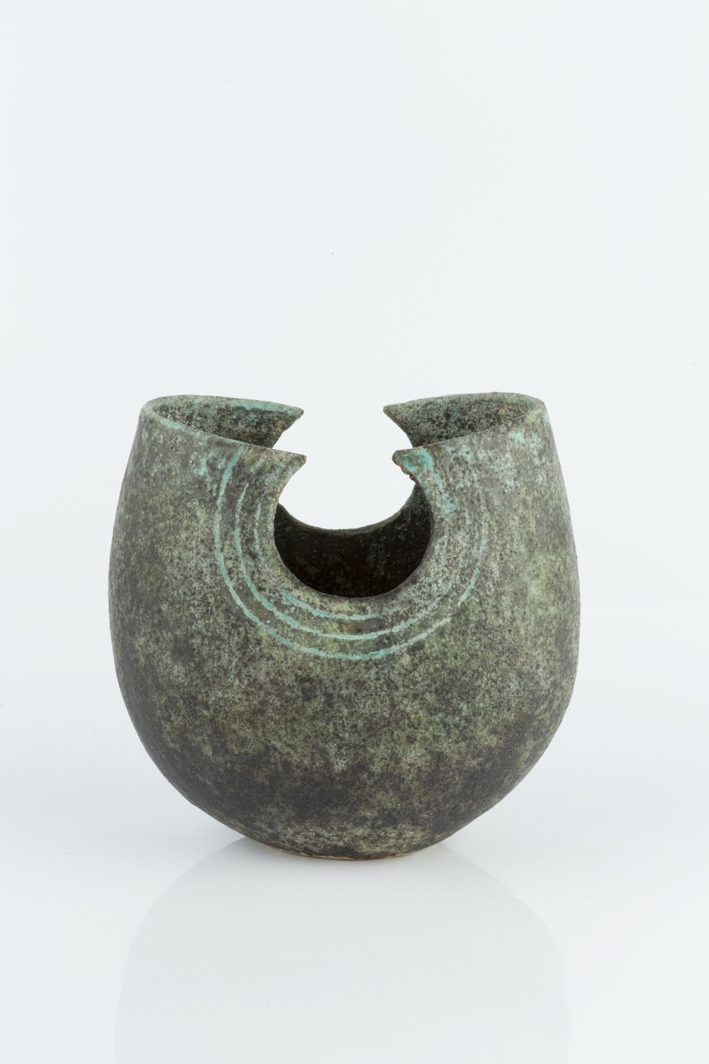 John Ward (b.1938) Vessel with circular shaped cut rim, in grey glaze with blue lines impressed - Image 2 of 3