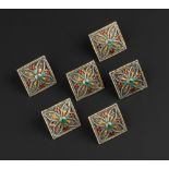 Jacob Tostrup Set of six buttons each square panel applied with a filigree quatrefoil motif