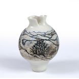 20th Century School Miniature vessel incised with landscape impressed potter's seal 8.5cm