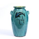 Philip and Frannie Leach Large vase turquoise glaze, decorated with fish impressed potter's seal