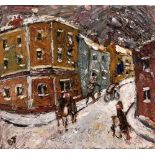 Barrington Tabb (b.1934) Snowy street scene signed with initials (lower left) oil on board 32 x