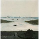 Janet Ledger (b.1934) Little Boats Gravesend signed (lower left) oil on board 14 x 14cm. Provenance: