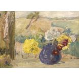 Manner of Mary Potter (1900-1981) Flowers on a windowsill with landscape beyond bears signature (