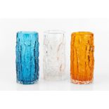 Geoffrey Baxter (1922-1995) for Whitefriars Three Bark vases kingfisher, tangerine, and clear