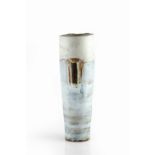 Robin Welch (1936-2019) Tall vessel stoneware, cylindrical form, with light blue glaze with bronze