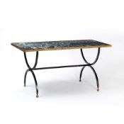 Mid-Century School Centre table with green marble top over wrought iron and brass frame 78cm high,