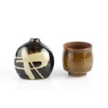 Alan Brough (20th Century) Yunomi and a bud vase tenmoku impressed potter's seals 8.5cm and 11.5cm