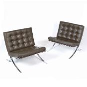 Ludwig Mies van der Rohe (1886-1969) Pair of Barcelona chairs, circa 1960s brown leather cushions on