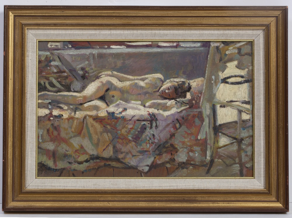 Ken Howard (b.1932) Charlotte and Silk Shirt oil on board 23 x 36cm. Provenance: With hand-written - Image 2 of 4