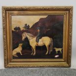 English School, early 20th century, a naive study of a boy on a pony and two dogs in a landscape,