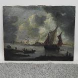 Manner of Jan Van Goyen, a canal scene with a barge and other vessels, oil on canvas,