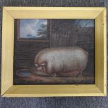 Attributed to J Box, 20th century, portrait of a pig in a sty, oil on canvas laid on board,