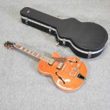 An Indie Gretsch style slim body centreblock electric guitar, with an upgraded ABM rollerbridge,