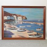 R J Collins, harbour scene, signed, oil on board,