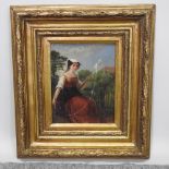 English School, 19th century, a lady seated in a landscape yarning wool, oil on panel,