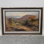 J Barclay, 19th century, a hilly landscape with figures and cattle, signed, oil on canvas,