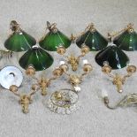A pair of early 20th century pendant lights, with green glass shades, 30cm diameter,