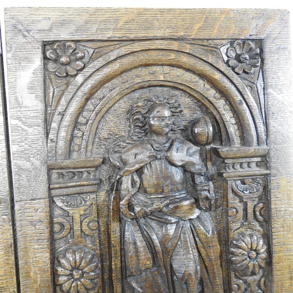 A pair of 18th century carved oak panels, Ivstises (justice) and Prvdentia (prudence), - Image 3 of 7