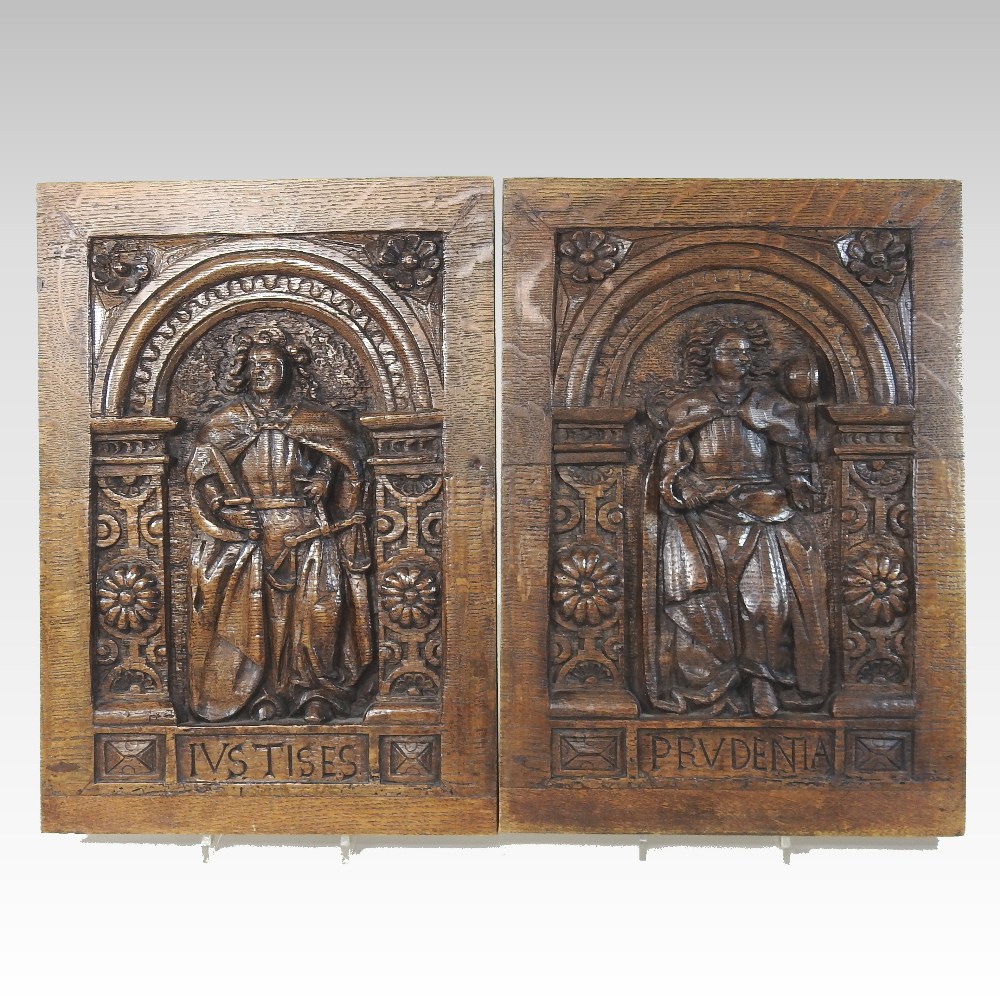 A pair of 18th century carved oak panels, Ivstises (justice) and Prvdentia (prudence), - Image 4 of 7