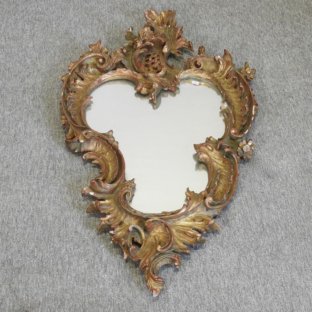 A ornate gilt framed wall mirror, 120 x 64cm overall, together with a brass fender,