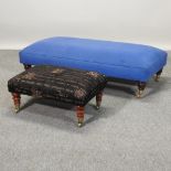 A blue upholstered footstool, 124cm,