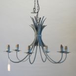 A green painted metal six branch chandelier,