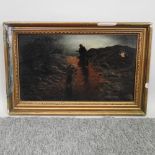 English School, 19th century, a windswept moorland scene with figures on a track,