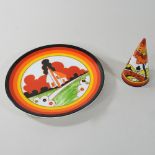 A Clarice Cliff conical sugar sifter, together with a limited edition plate, Farmhouse pattern,