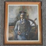 B R Entwistle, a sea captain leaning against the ship's wheel, oil on board,