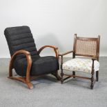 A 1930's grey upholstered bentwood reclining armchair,