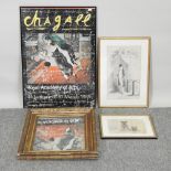 A gilt framed wall mirror, together with a Marc Chagall exhibition poster, 66 x 50cm,