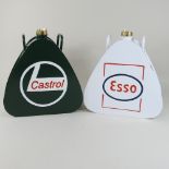A triangular Esso petrol can, together with a Castrol petrol can,