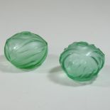 A pair of Lalique frosted green glass vases, signed to base,