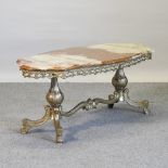 A gilt metal coffee table with a marble top,