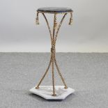 A gilt painted metal rope twist occasional table, with a green marble top,