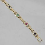 A 14 carat gold bracelet, set with blue and white sapphires and rubies,