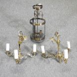 A brass three branch chandelier, 38cm,