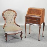 A 1920's style walnut and inlaid bureau, on cabriole legs, 54cm,