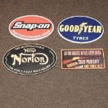 A reproduction metal Norton Manx sign, together with a Snap-On sign, a life and death sign,